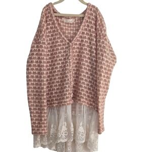 A Reve Pink White Knit Crochet Lace Trim Layered Cardigan Sweater Size S
